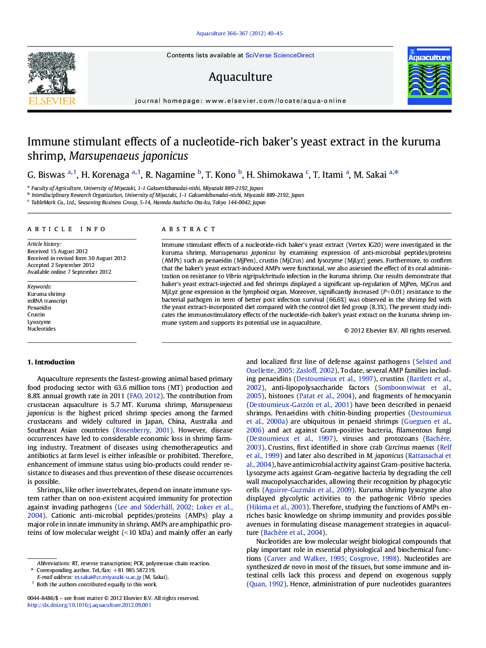 Immune stimulant effects of a nucleotide-rich baker's yeast extract in the kuruma shrimp, Marsupenaeus japonicus