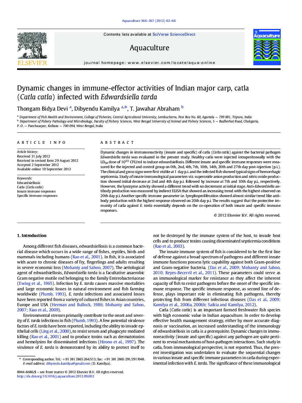 Dynamic changes in immune-effector activities of Indian major carp, catla (Catla catla) infected with Edwardsiella tarda
