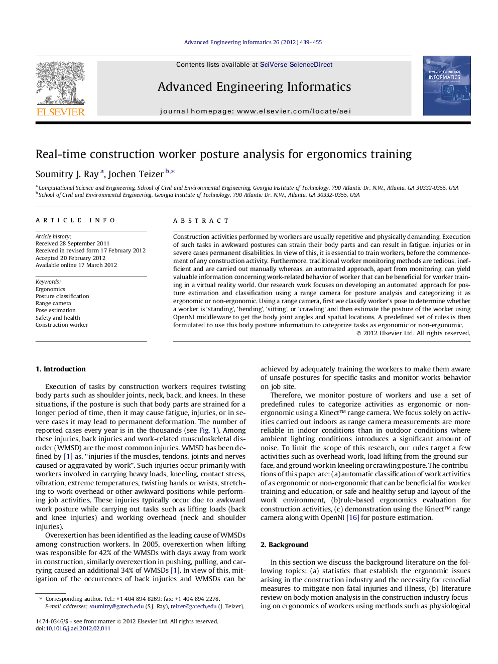 Real-time construction worker posture analysis for ergonomics training