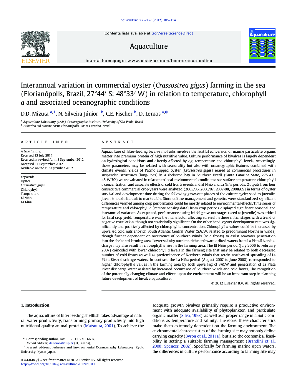 Interannual variation in commercial oyster (Crassostrea gigas) farming in the sea (Florianópolis, Brazil, 27°44′ S; 48°33′ W) in relation to temperature, chlorophyll a and associated oceanographic conditions