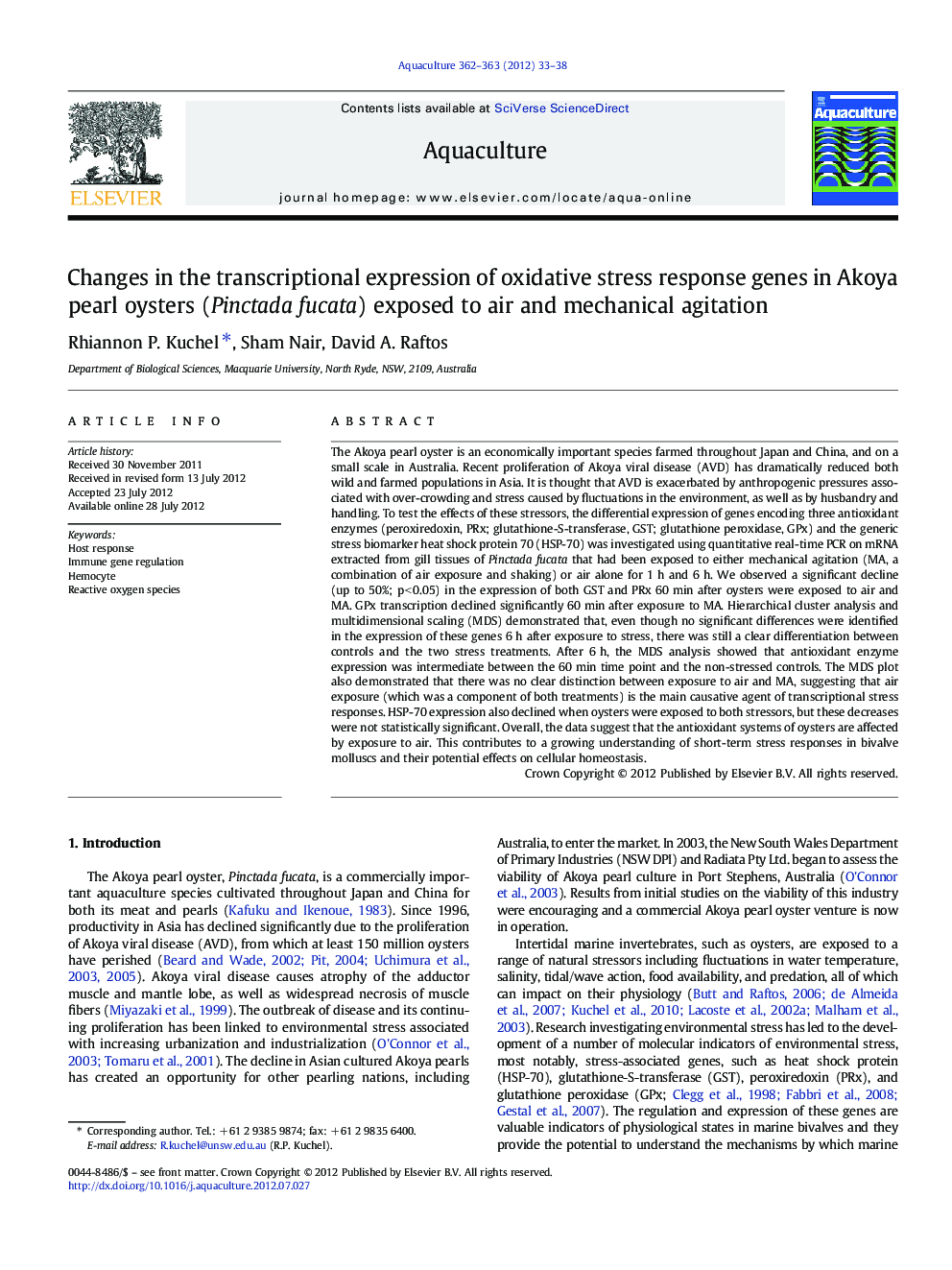 Changes in the transcriptional expression of oxidative stress response genes in Akoya pearl oysters (Pinctada fucata) exposed to air and mechanical agitation