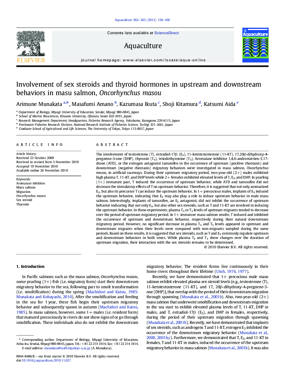 Involvement of sex steroids and thyroid hormones in upstream and downstream behaviors in masu salmon, Oncorhynchus masou