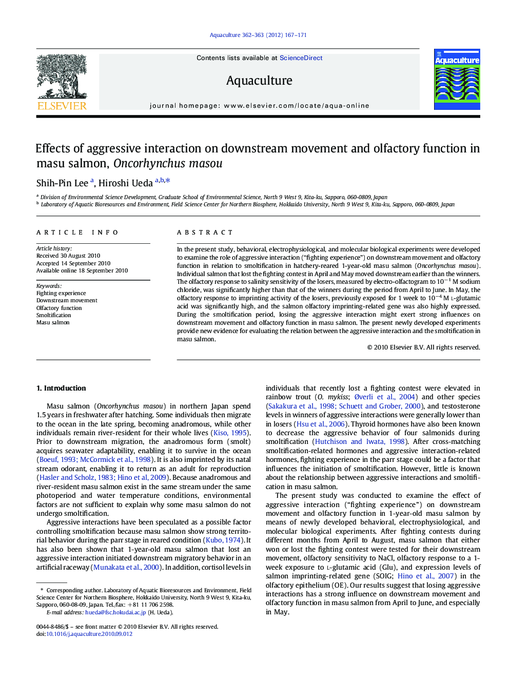 Effects of aggressive interaction on downstream movement and olfactory function in masu salmon, Oncorhynchus masou