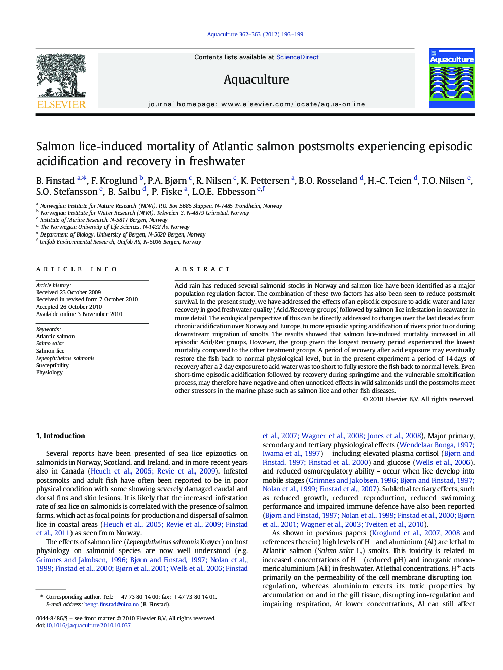 Salmon lice-induced mortality of Atlantic salmon postsmolts experiencing episodic acidification and recovery in freshwater