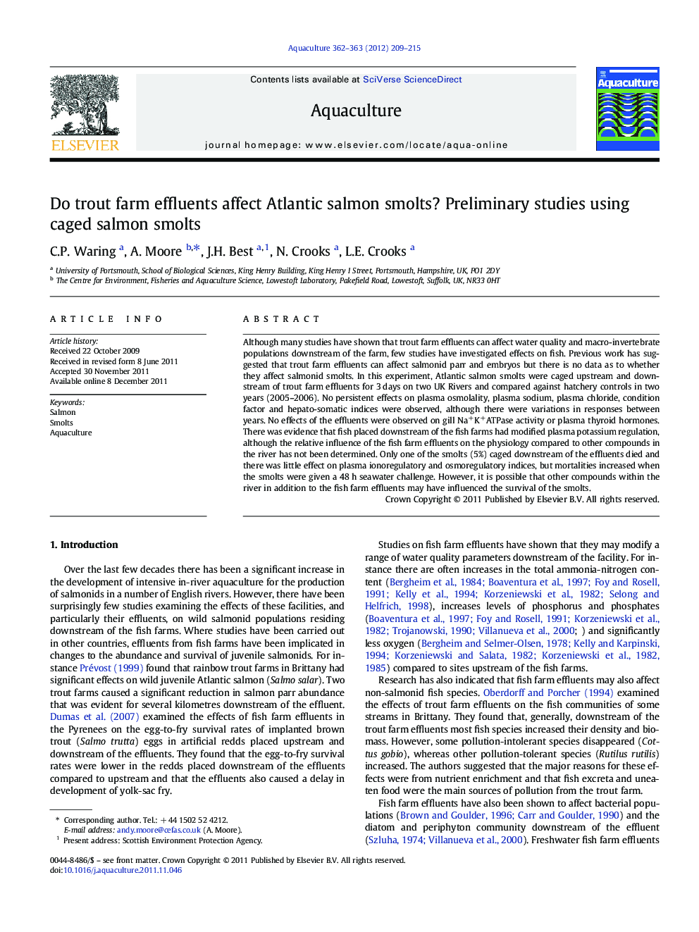 Do trout farm effluents affect Atlantic salmon smolts? Preliminary studies using caged salmon smolts