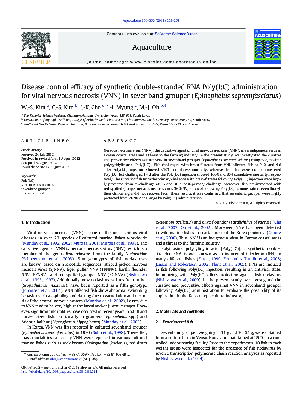 Disease control efficacy of synthetic double-stranded RNA Poly(I:C) administration for viral nervous necrosis (VNN) in sevenband grouper (Epinephelus septemfasciatus)