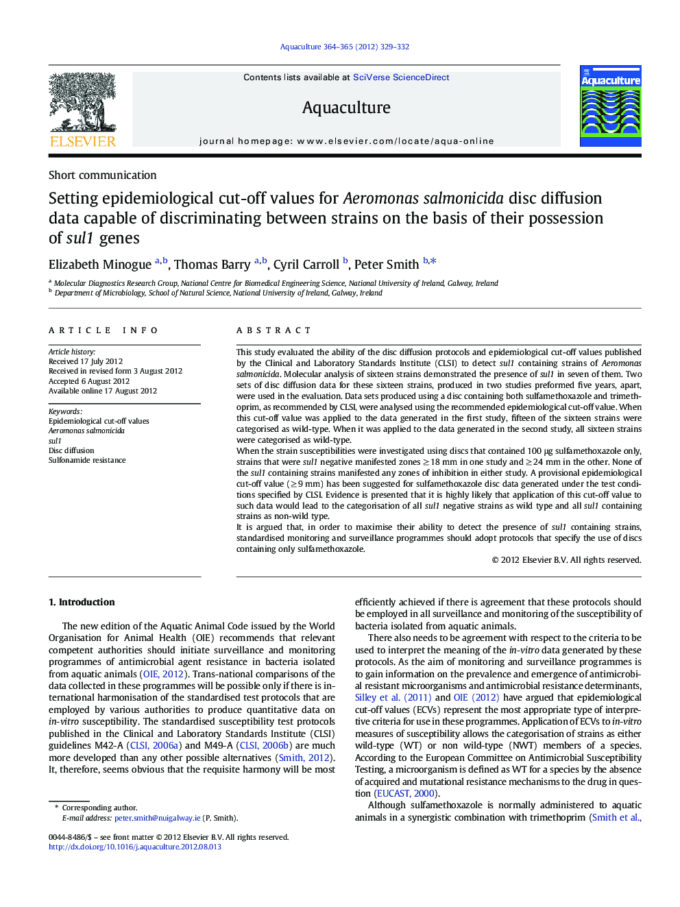 Setting epidemiological cut-off values for Aeromonas salmonicida disc diffusion data capable of discriminating between strains on the basis of their possession of sul1 genes