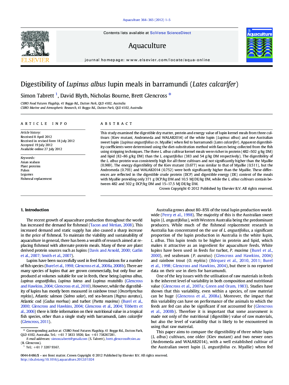 Digestibility of Lupinus albus lupin meals in barramundi (Lates calcarifer)