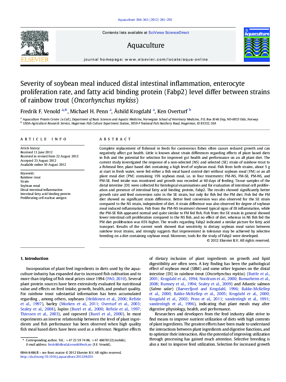 Severity of soybean meal induced distal intestinal inflammation, enterocyte proliferation rate, and fatty acid binding protein (Fabp2) level differ between strains of rainbow trout (Oncorhynchus mykiss)