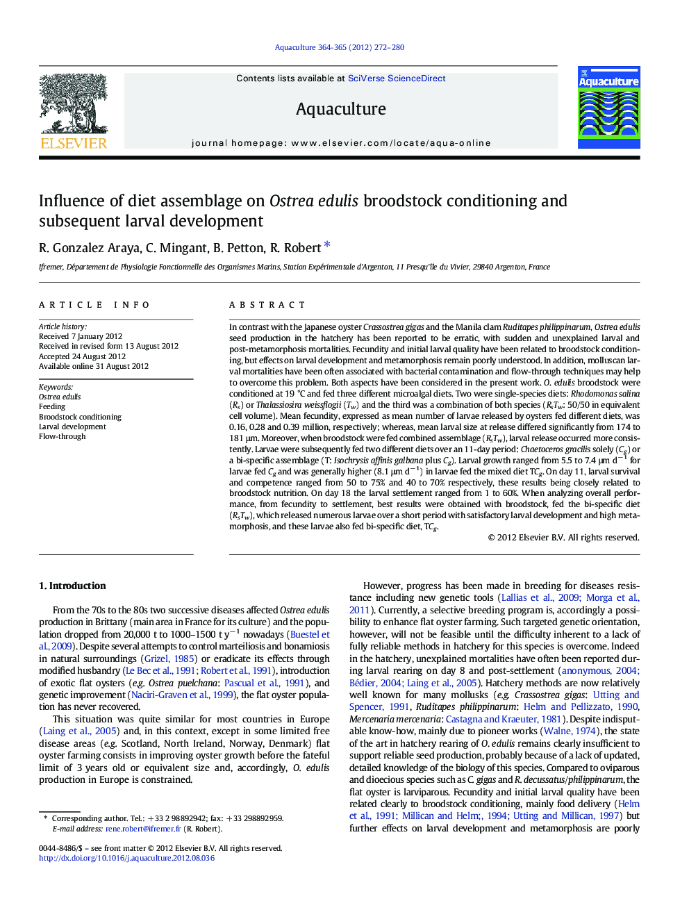 Influence of diet assemblage on Ostrea edulis broodstock conditioning and subsequent larval development