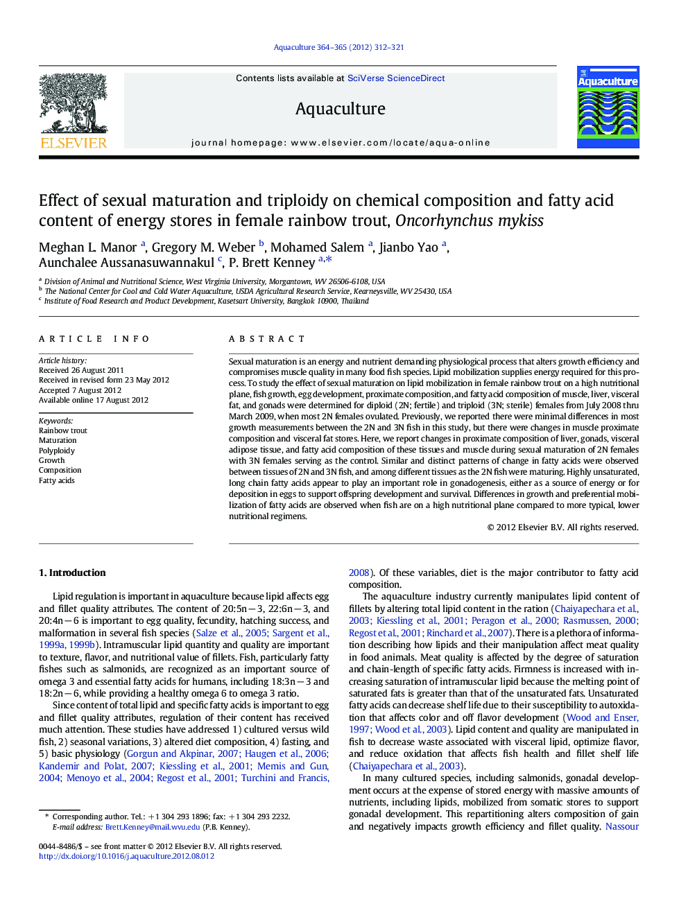 Effect of sexual maturation and triploidy on chemical composition and fatty acid content of energy stores in female rainbow trout, Oncorhynchus mykiss