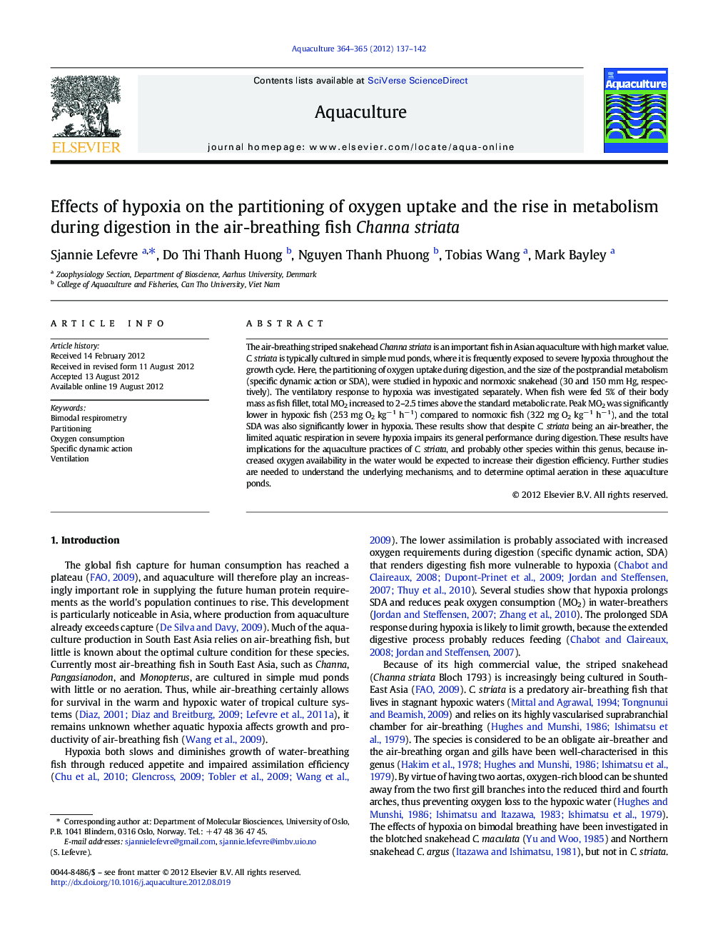 Effects of hypoxia on the partitioning of oxygen uptake and the rise in metabolism during digestion in the air-breathing fish Channa striata