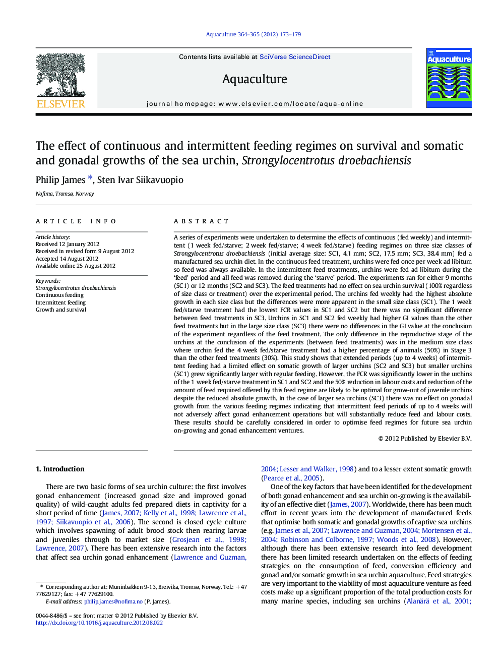 The effect of continuous and intermittent feeding regimes on survival and somatic and gonadal growths of the sea urchin, Strongylocentrotus droebachiensis