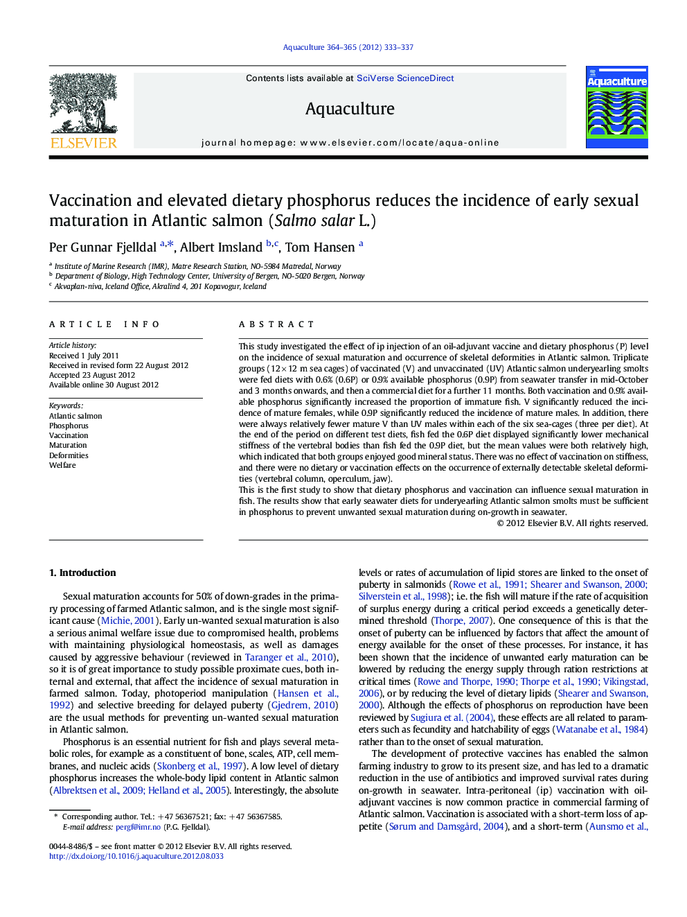 Vaccination and elevated dietary phosphorus reduces the incidence of early sexual maturation in Atlantic salmon (Salmo salar L.)