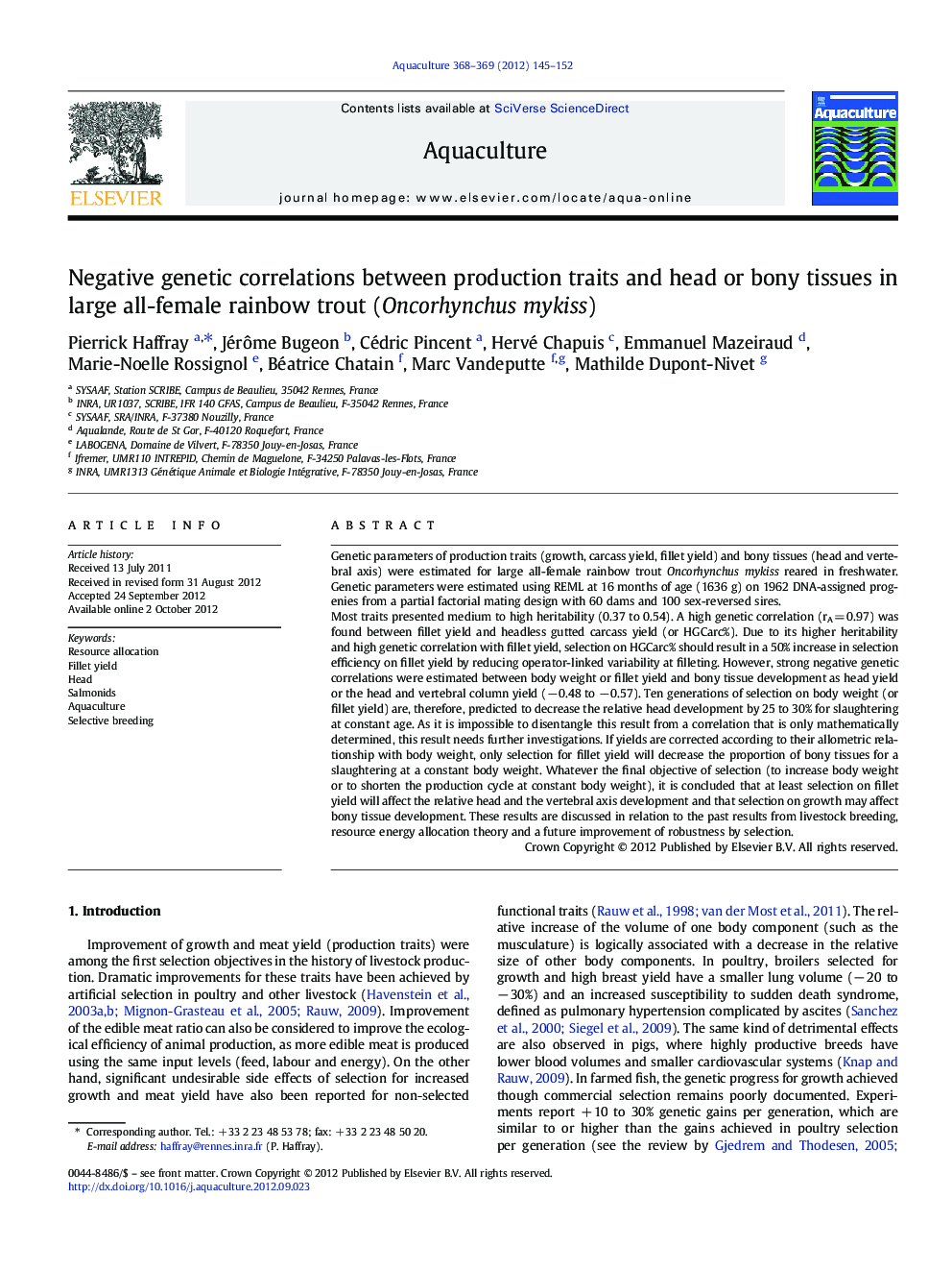 Negative genetic correlations between production traits and head or bony tissues in large all-female rainbow trout (Oncorhynchus mykiss)