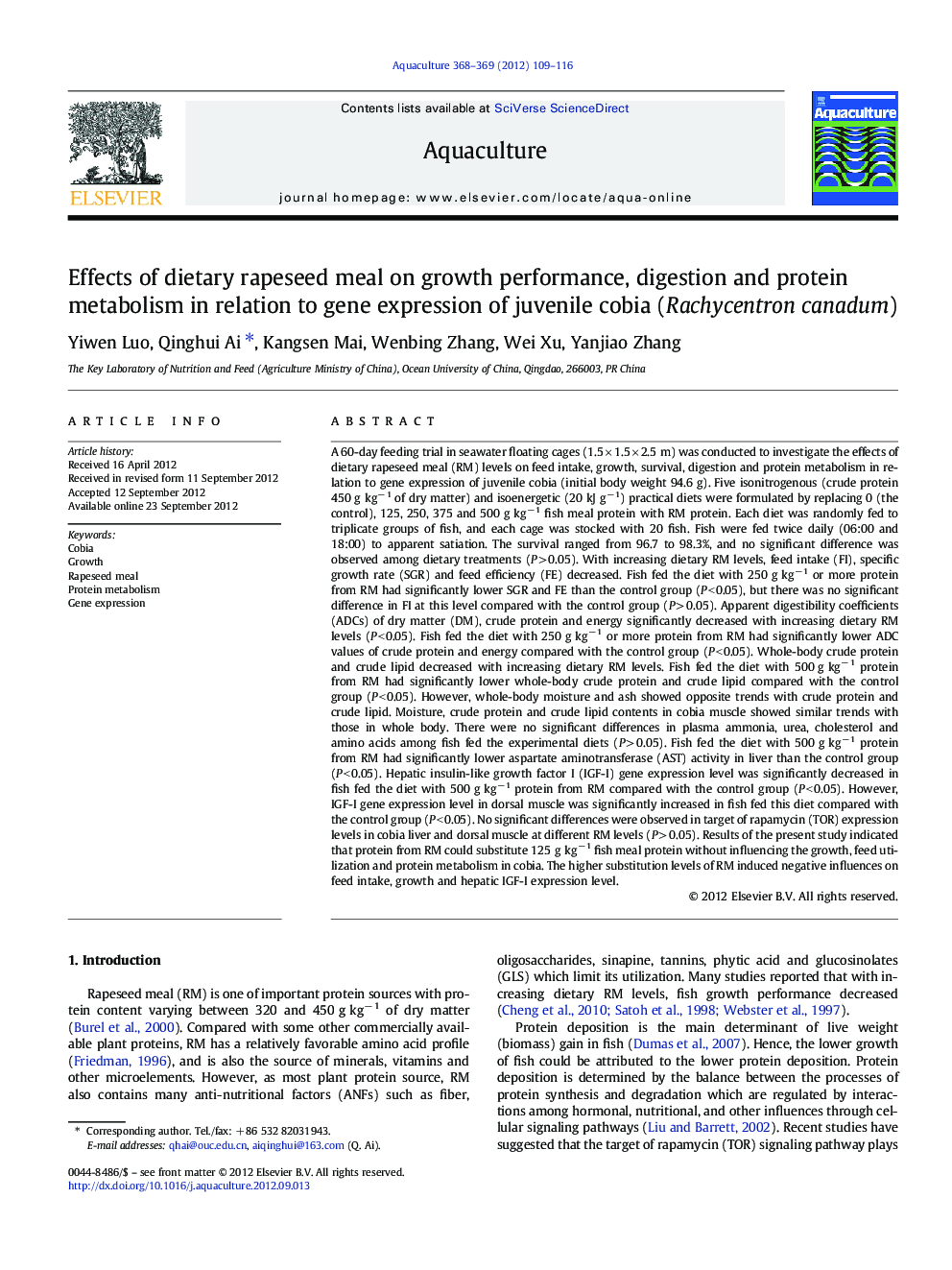 Effects of dietary rapeseed meal on growth performance, digestion and protein metabolism in relation to gene expression of juvenile cobia (Rachycentron canadum)