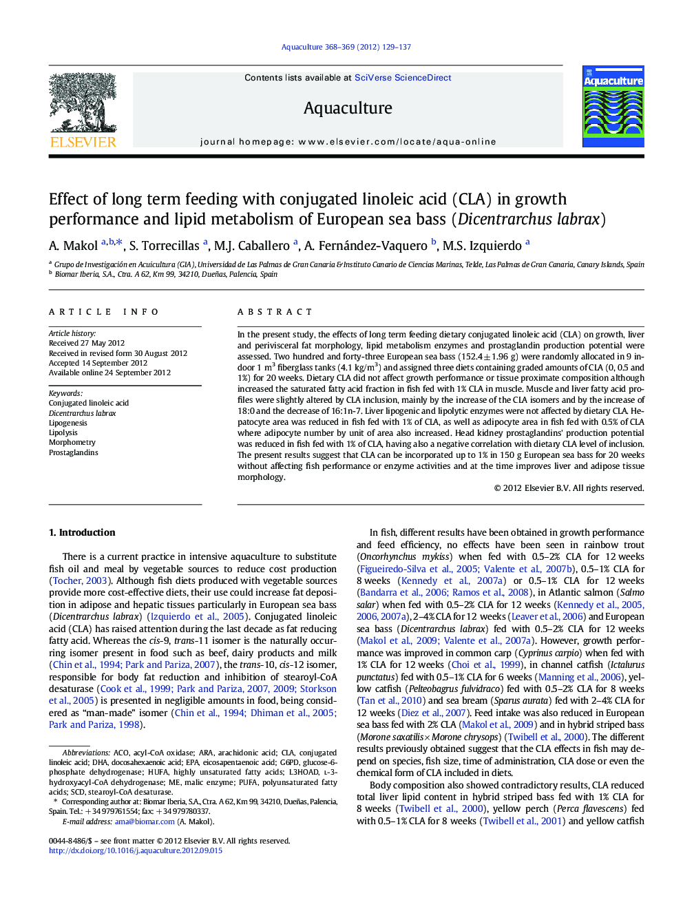 Effect of long term feeding with conjugated linoleic acid (CLA) in growth performance and lipid metabolism of European sea bass (Dicentrarchus labrax)