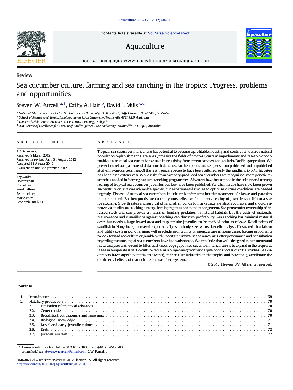 Sea cucumber culture, farming and sea ranching in the tropics: Progress, problems and opportunities