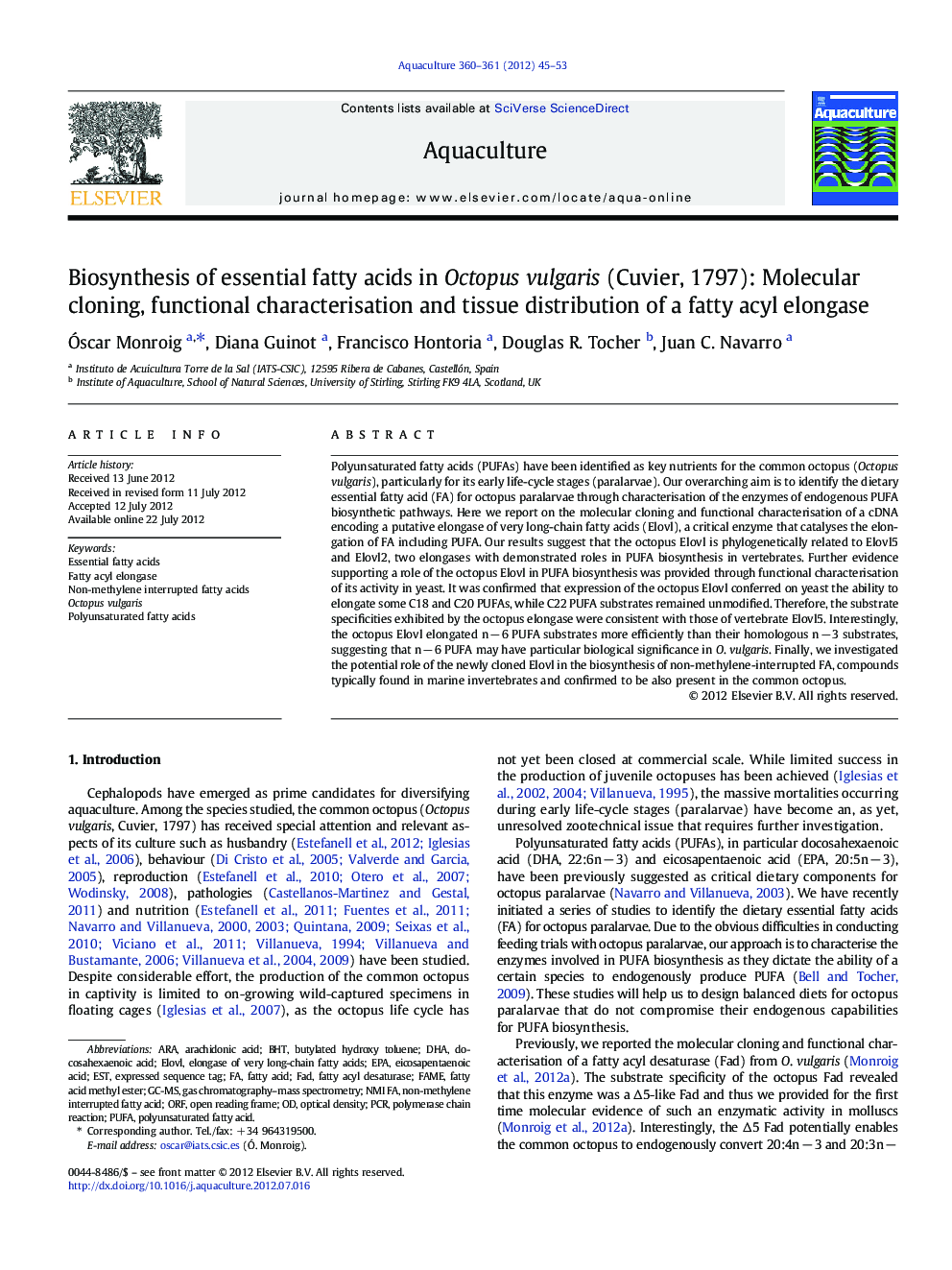 Biosynthesis of essential fatty acids in Octopus vulgaris (Cuvier, 1797): Molecular cloning, functional characterisation and tissue distribution of a fatty acyl elongase