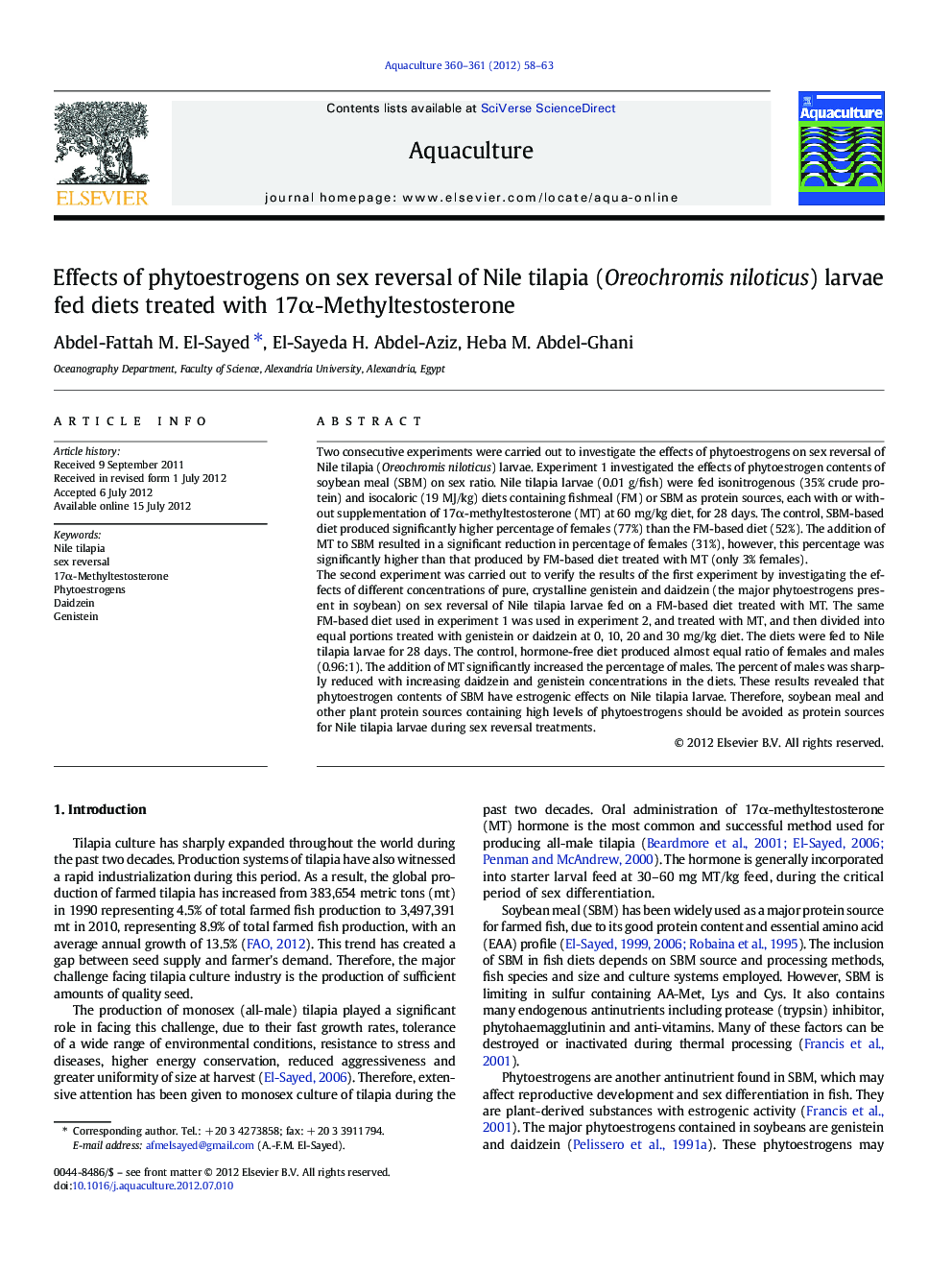 Effects of phytoestrogens on sex reversal of Nile tilapia (Oreochromis niloticus) larvae fed diets treated with 17α-Methyltestosterone