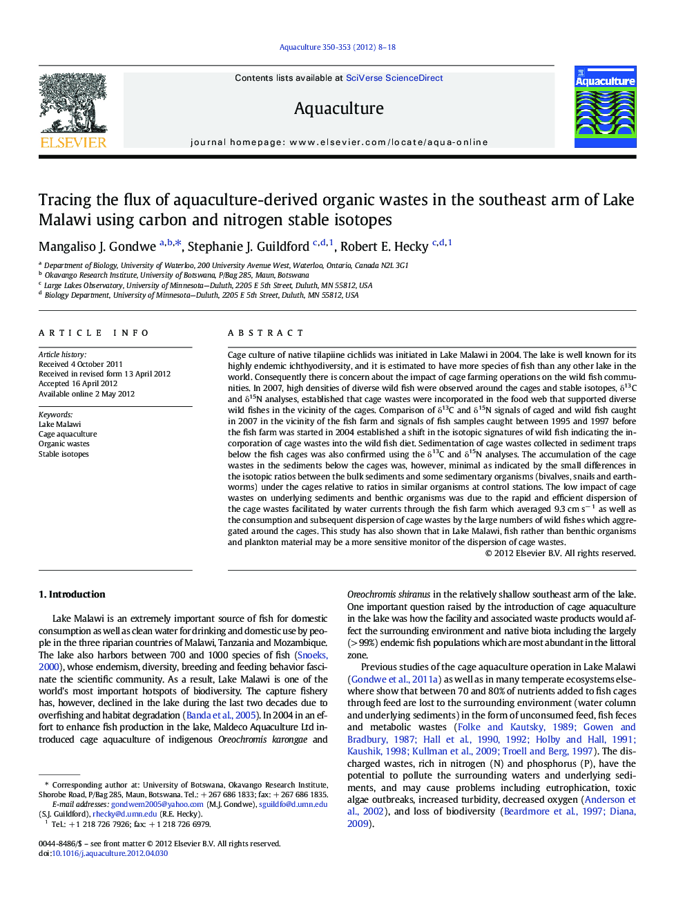 Tracing the flux of aquaculture-derived organic wastes in the southeast arm of Lake Malawi using carbon and nitrogen stable isotopes