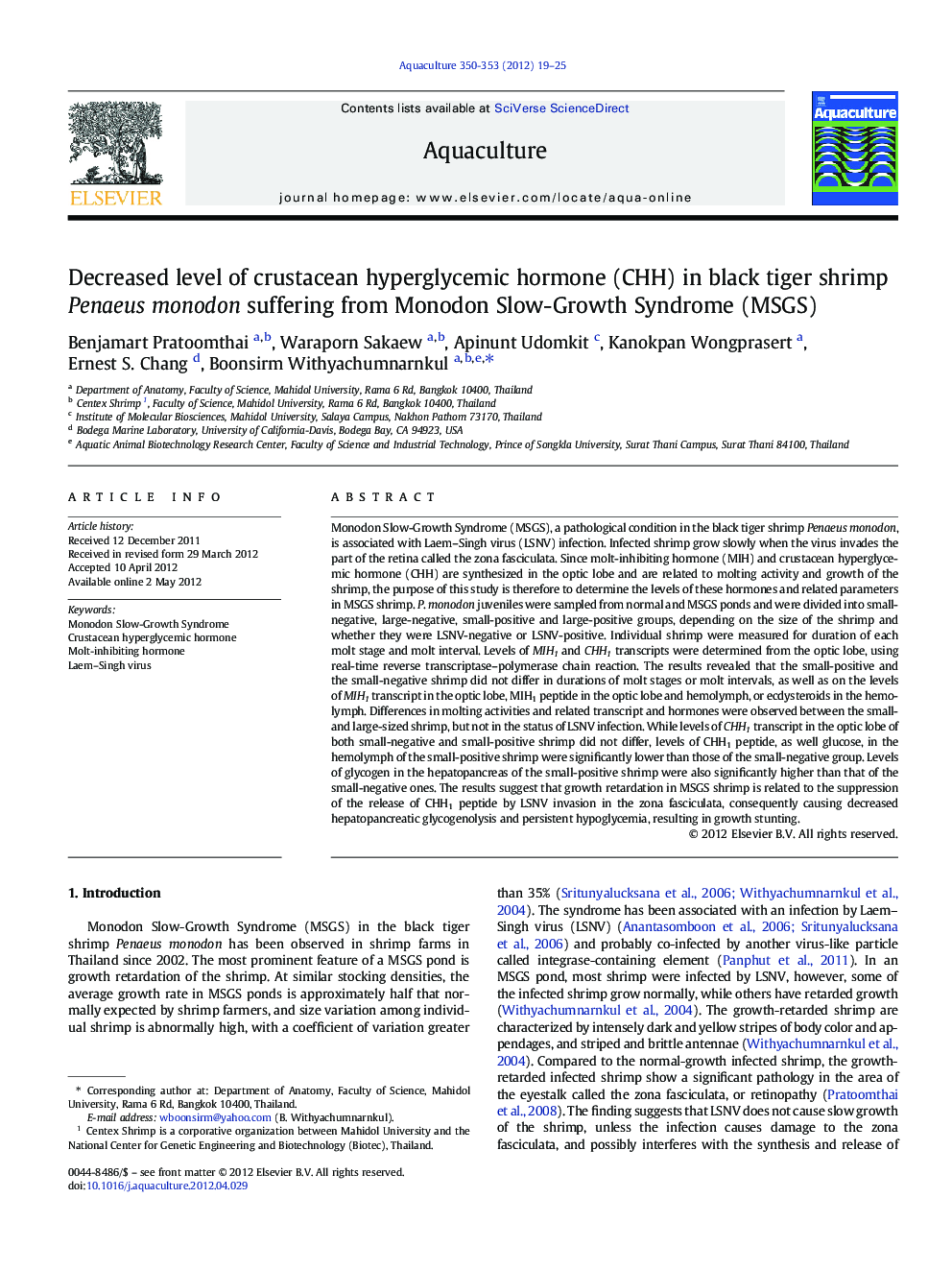 Decreased level of crustacean hyperglycemic hormone (CHH) in black tiger shrimp Penaeus monodon suffering from Monodon Slow-Growth Syndrome (MSGS)