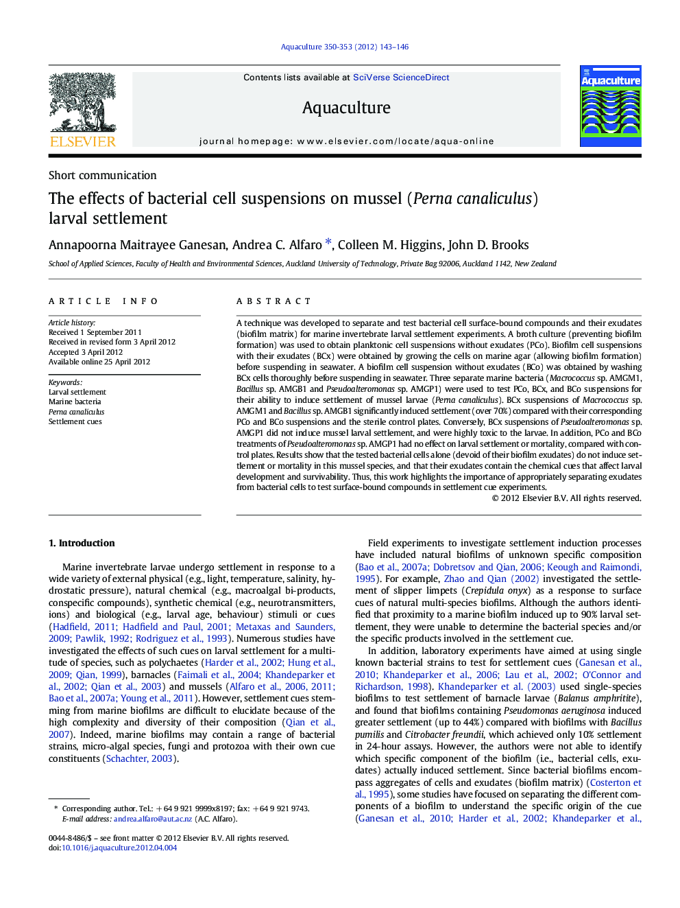 The effects of bacterial cell suspensions on mussel (Perna canaliculus) larval settlement