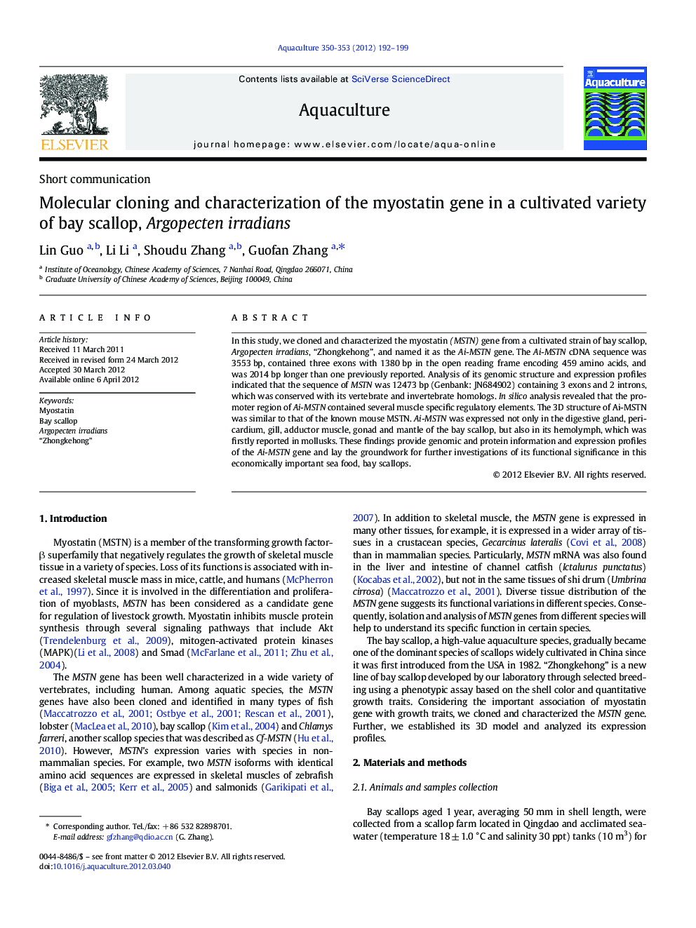 Molecular cloning and characterization of the myostatin gene in a cultivated variety of bay scallop, Argopecten irradians