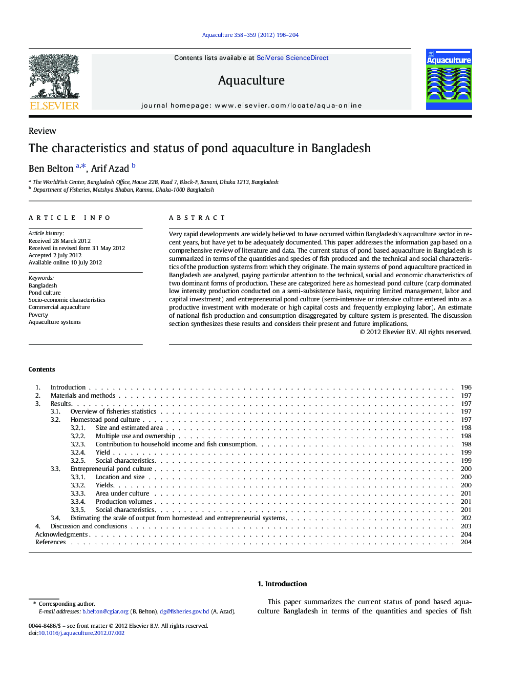 The characteristics and status of pond aquaculture in Bangladesh