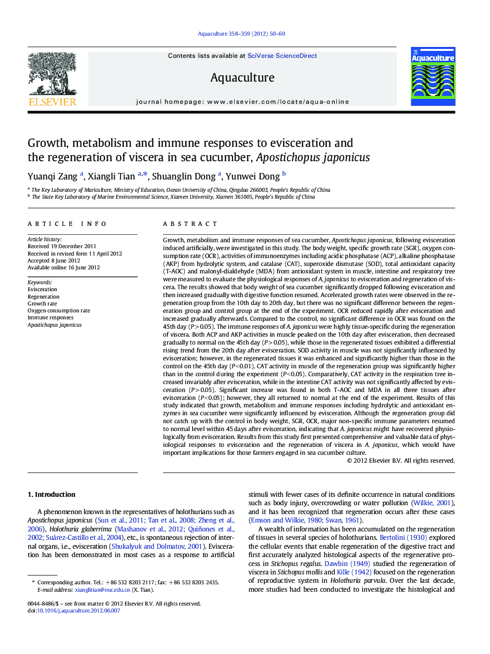 Growth, metabolism and immune responses to evisceration and the regeneration of viscera in sea cucumber, Apostichopus japonicus