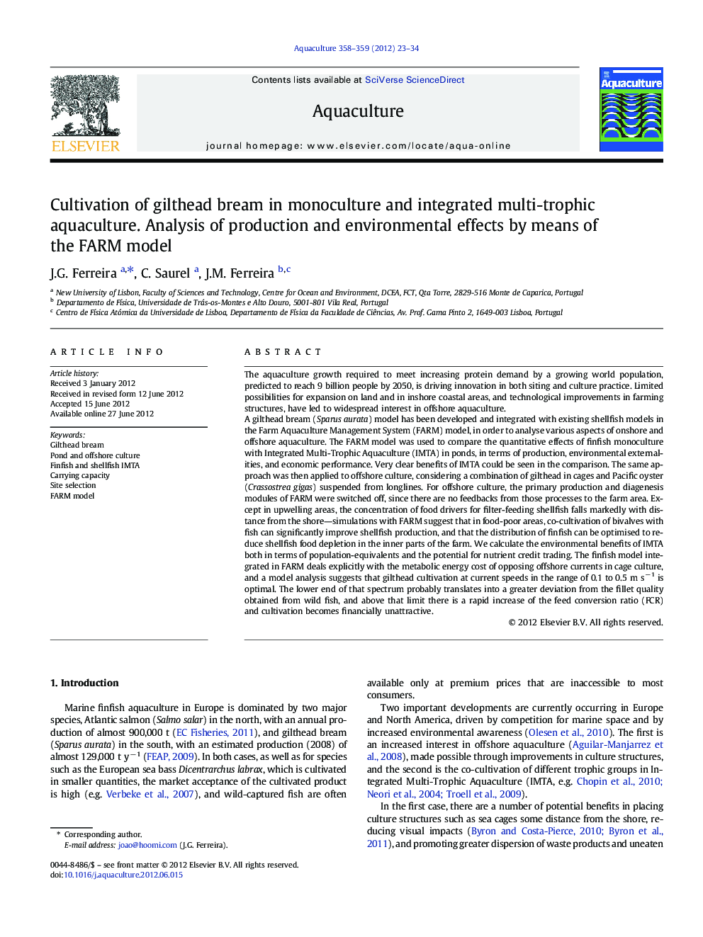 Cultivation of gilthead bream in monoculture and integrated multi-trophic aquaculture. Analysis of production and environmental effects by means of the FARM model