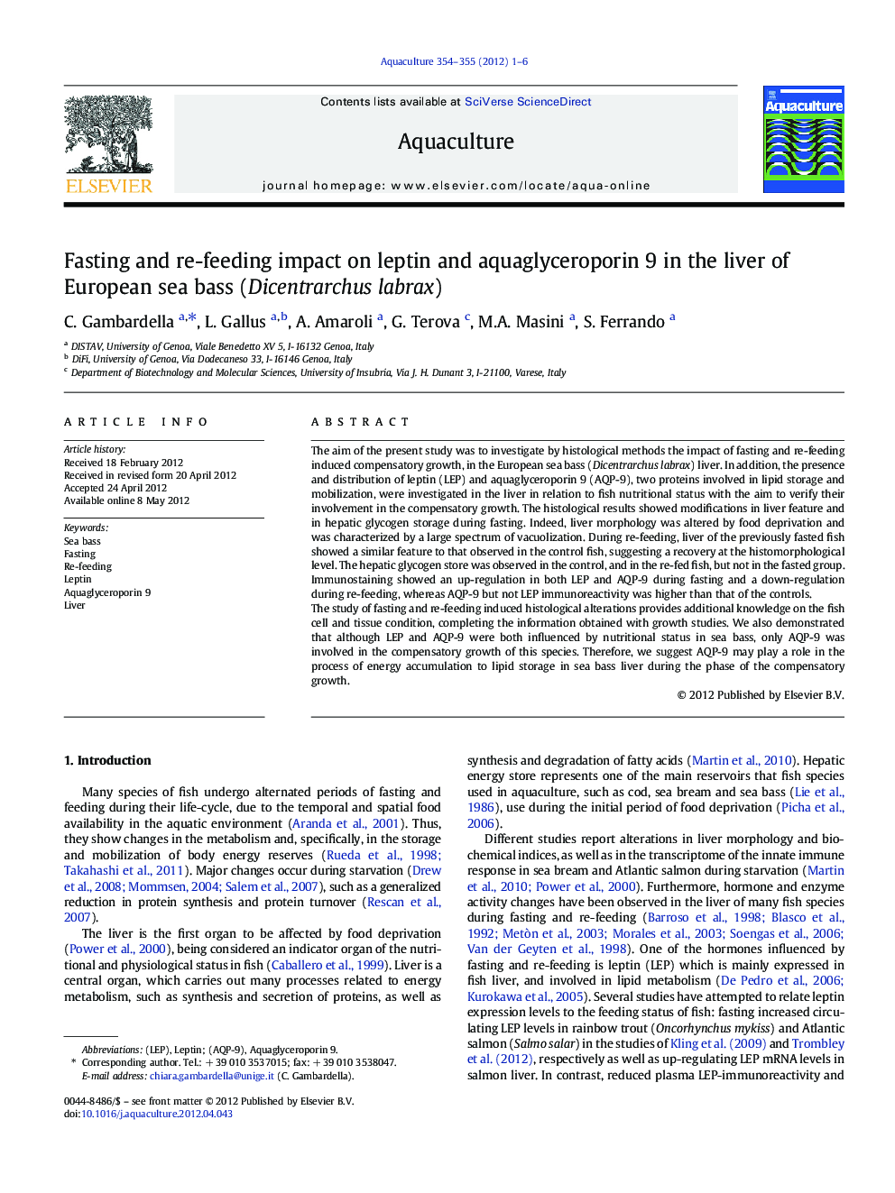 Fasting and re-feeding impact on leptin and aquaglyceroporin 9 in the liver of European sea bass (Dicentrarchus labrax)