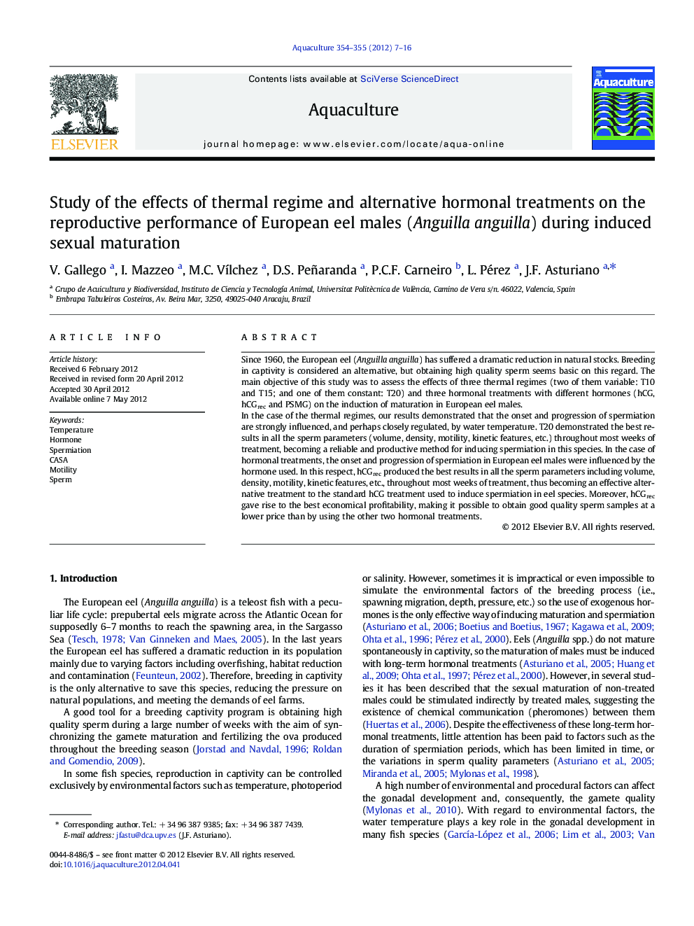 Study of the effects of thermal regime and alternative hormonal treatments on the reproductive performance of European eel males (Anguilla anguilla) during induced sexual maturation