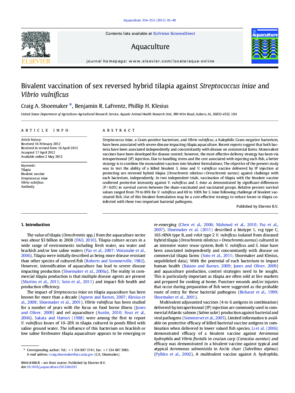 Bivalent vaccination of sex reversed hybrid tilapia against Streptococcus iniae and Vibrio vulnificus