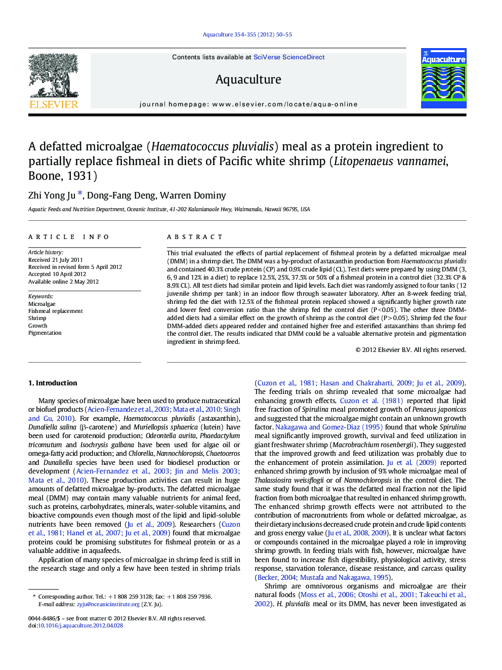 A defatted microalgae (Haematococcus pluvialis) meal as a protein ingredient to partially replace fishmeal in diets of Pacific white shrimp (Litopenaeus vannamei, Boone, 1931)