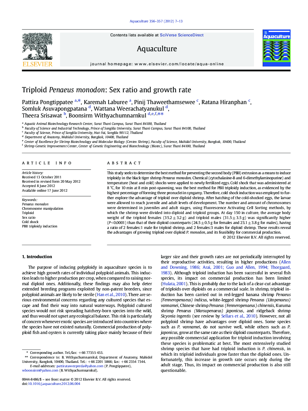 Triploid Penaeus monodon: Sex ratio and growth rate