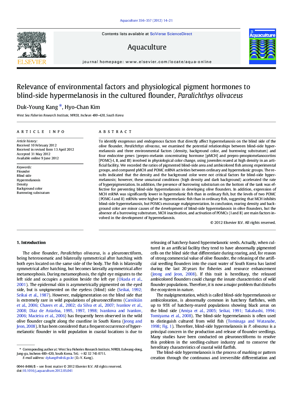 Relevance of environmental factors and physiological pigment hormones to blind-side hypermelanosis in the cultured flounder, Paralichthys olivaceus