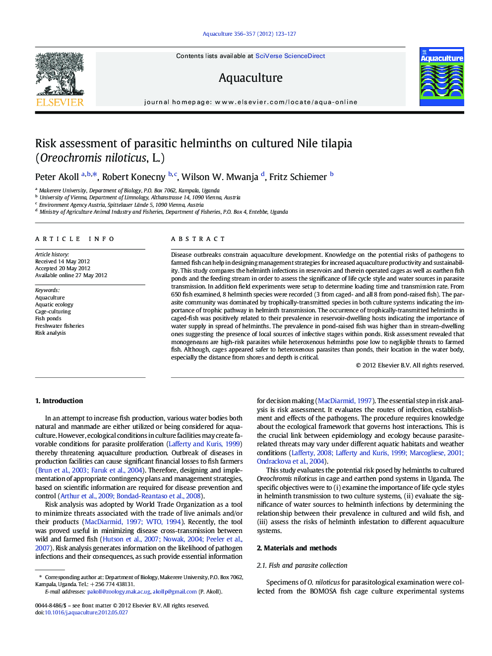 Risk assessment of parasitic helminths on cultured Nile tilapia (Oreochromis niloticus, L.)