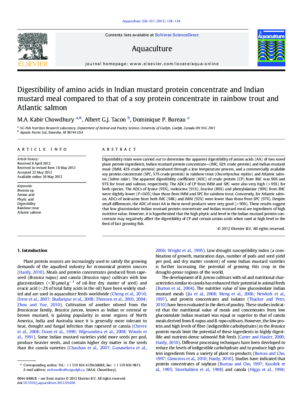 Digestibility of amino acids in Indian mustard protein concentrate and Indian mustard meal compared to that of a soy protein concentrate in rainbow trout and Atlantic salmon