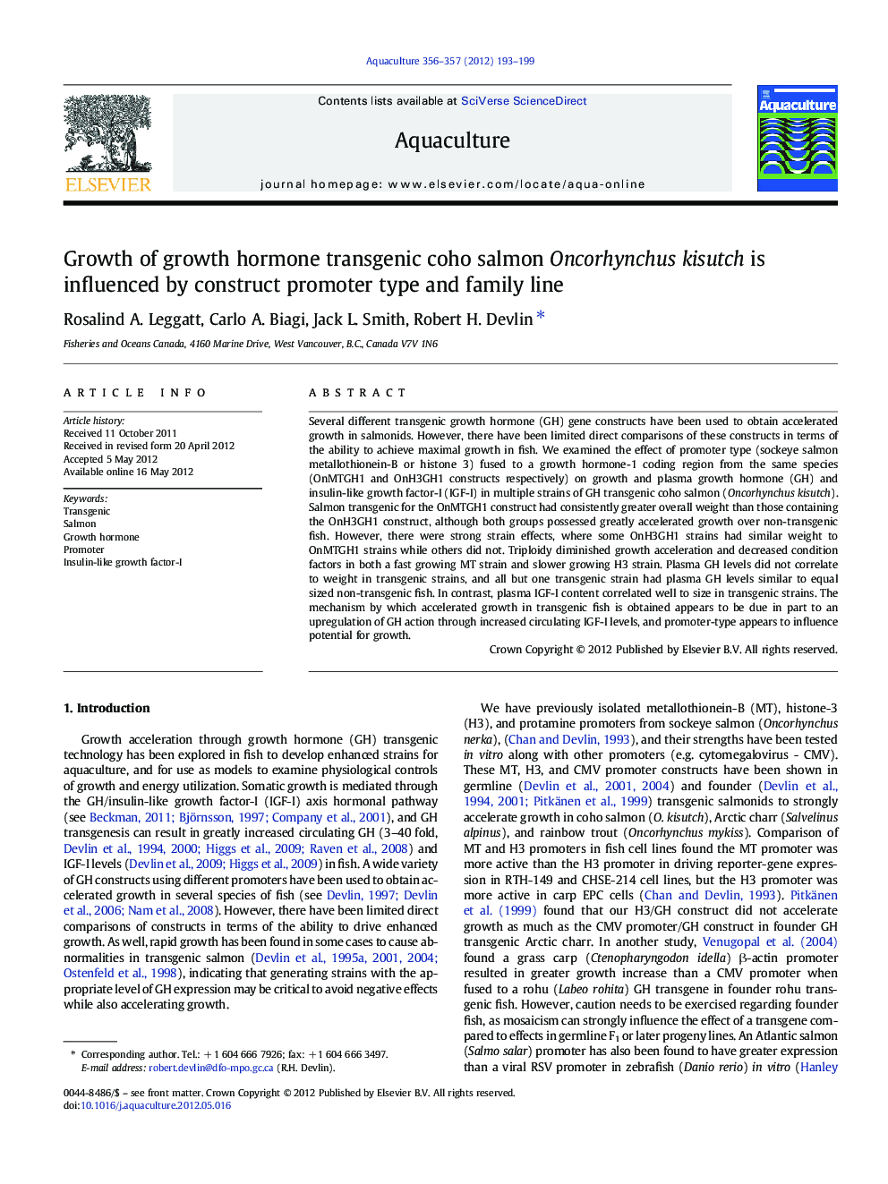 Growth of growth hormone transgenic coho salmon Oncorhynchus kisutch is influenced by construct promoter type and family line