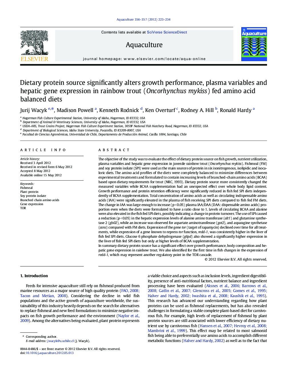 Dietary protein source significantly alters growth performance, plasma variables and hepatic gene expression in rainbow trout (Oncorhynchus mykiss) fed amino acid balanced diets