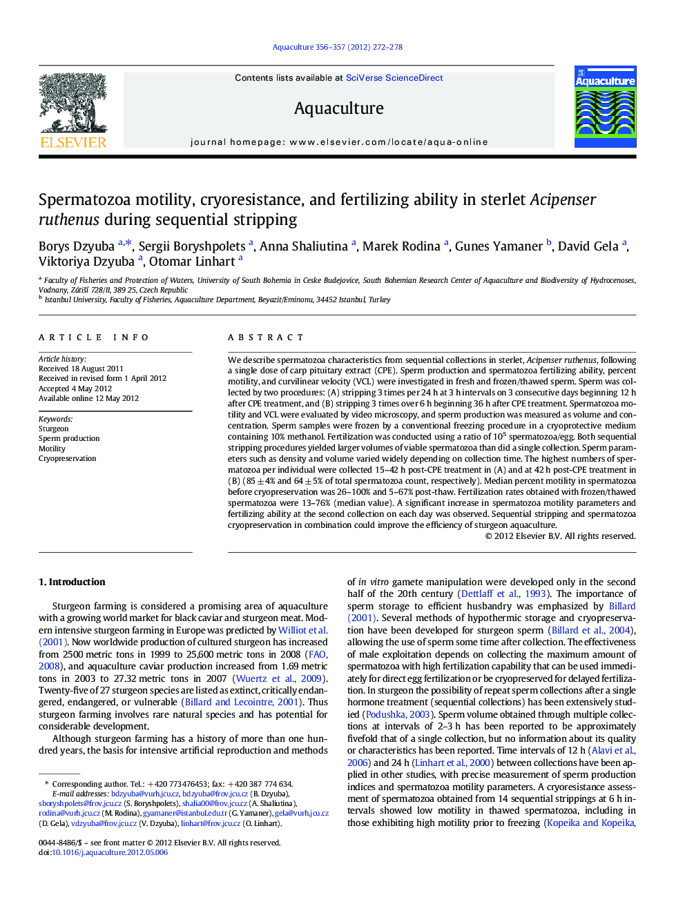 Spermatozoa motility, cryoresistance, and fertilizing ability in sterlet Acipenser ruthenus during sequential stripping