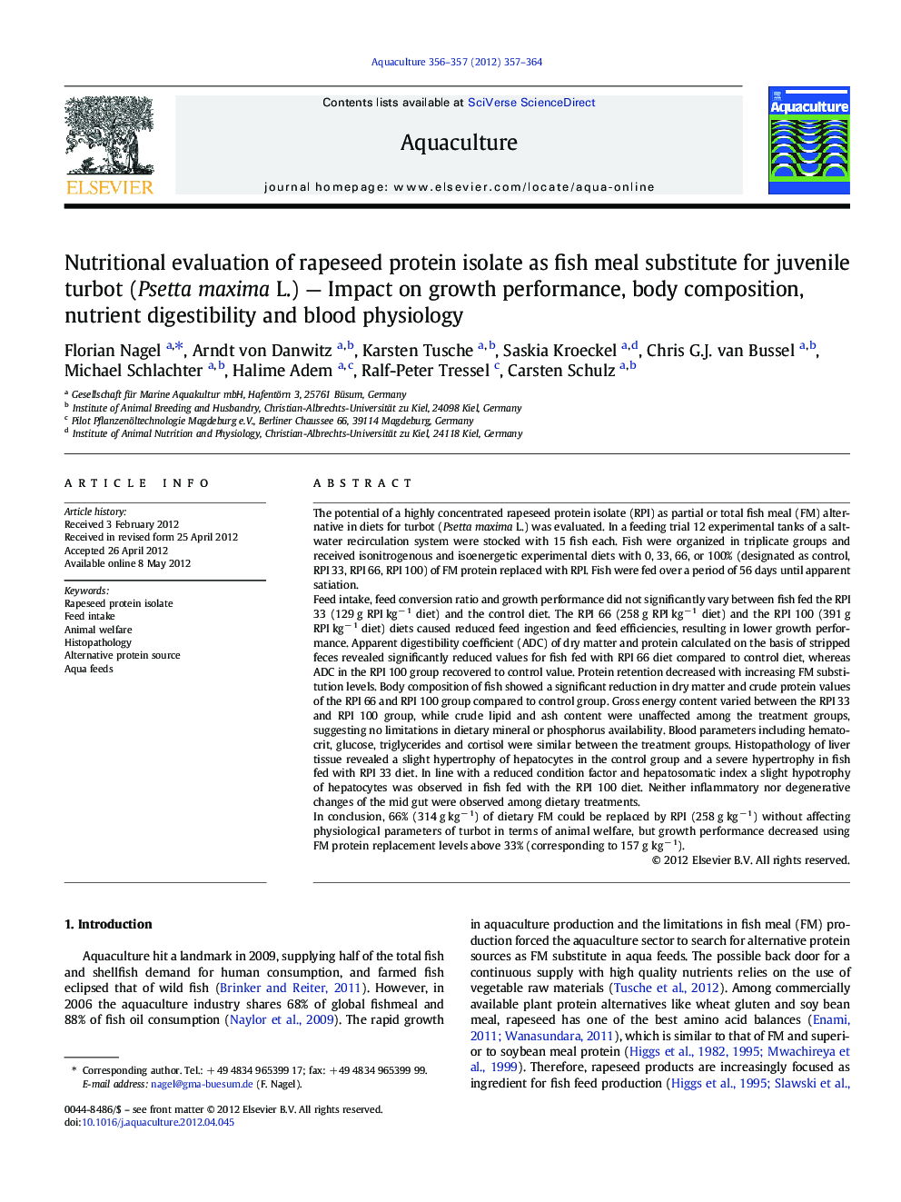 Nutritional evaluation of rapeseed protein isolate as fish meal substitute for juvenile turbot (Psetta maxima L.) — Impact on growth performance, body composition, nutrient digestibility and blood physiology