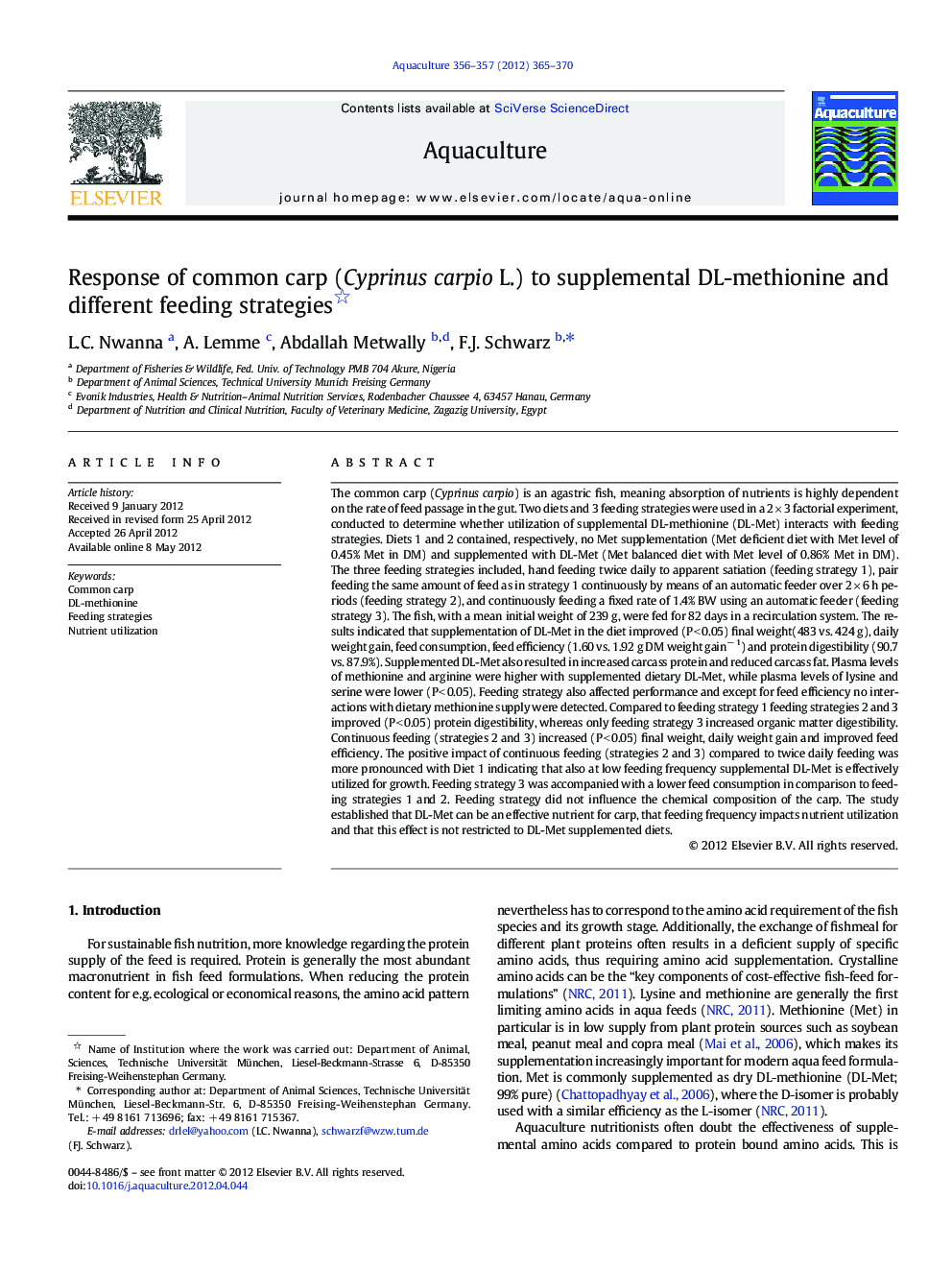 Response of common carp (Cyprinus carpio L.) to supplemental DL-methionine and different feeding strategies 