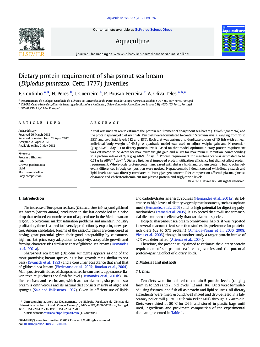 Dietary protein requirement of sharpsnout sea bream (Diplodus puntazzo, Cetti 1777) juveniles