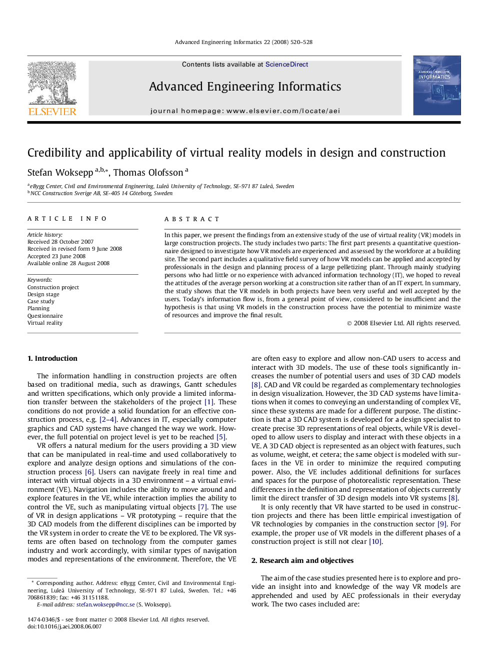 Credibility and applicability of virtual reality models in design and construction