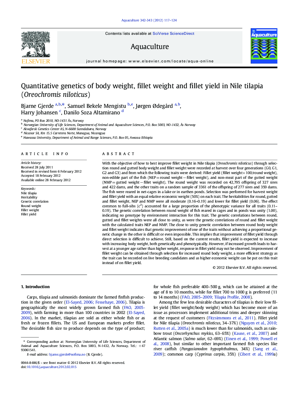 Quantitative genetics of body weight, fillet weight and fillet yield in Nile tilapia (Oreochromis niloticus)