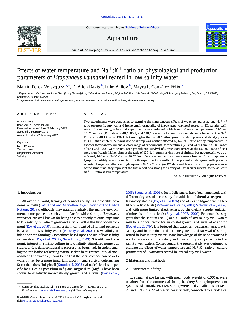 Effects of water temperature and Na+:K+ ratio on physiological and production parameters of Litopenaeus vannamei reared in low salinity water