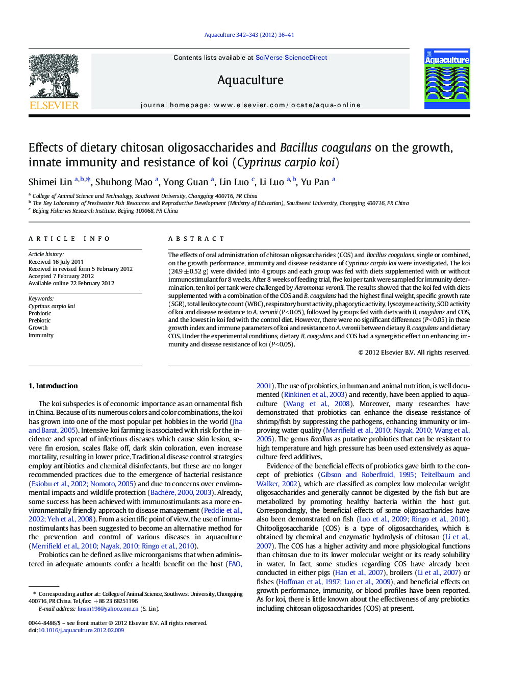 Effects of dietary chitosan oligosaccharides and Bacillus coagulans on the growth, innate immunity and resistance of koi (Cyprinus carpio koi)