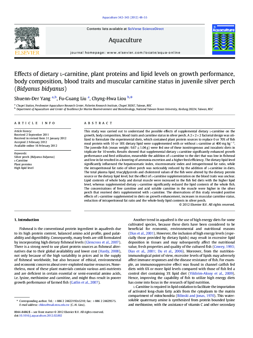 Effects of dietary l-carnitine, plant proteins and lipid levels on growth performance, body composition, blood traits and muscular carnitine status in juvenile silver perch (Bidyanus bidyanus)